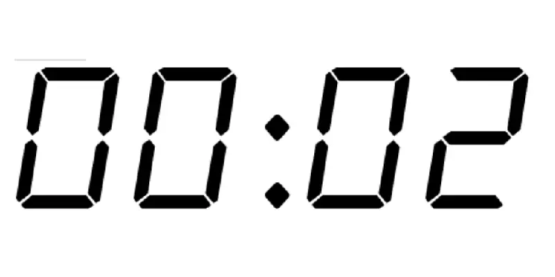 00 hours and 02 minutes on a digital clock